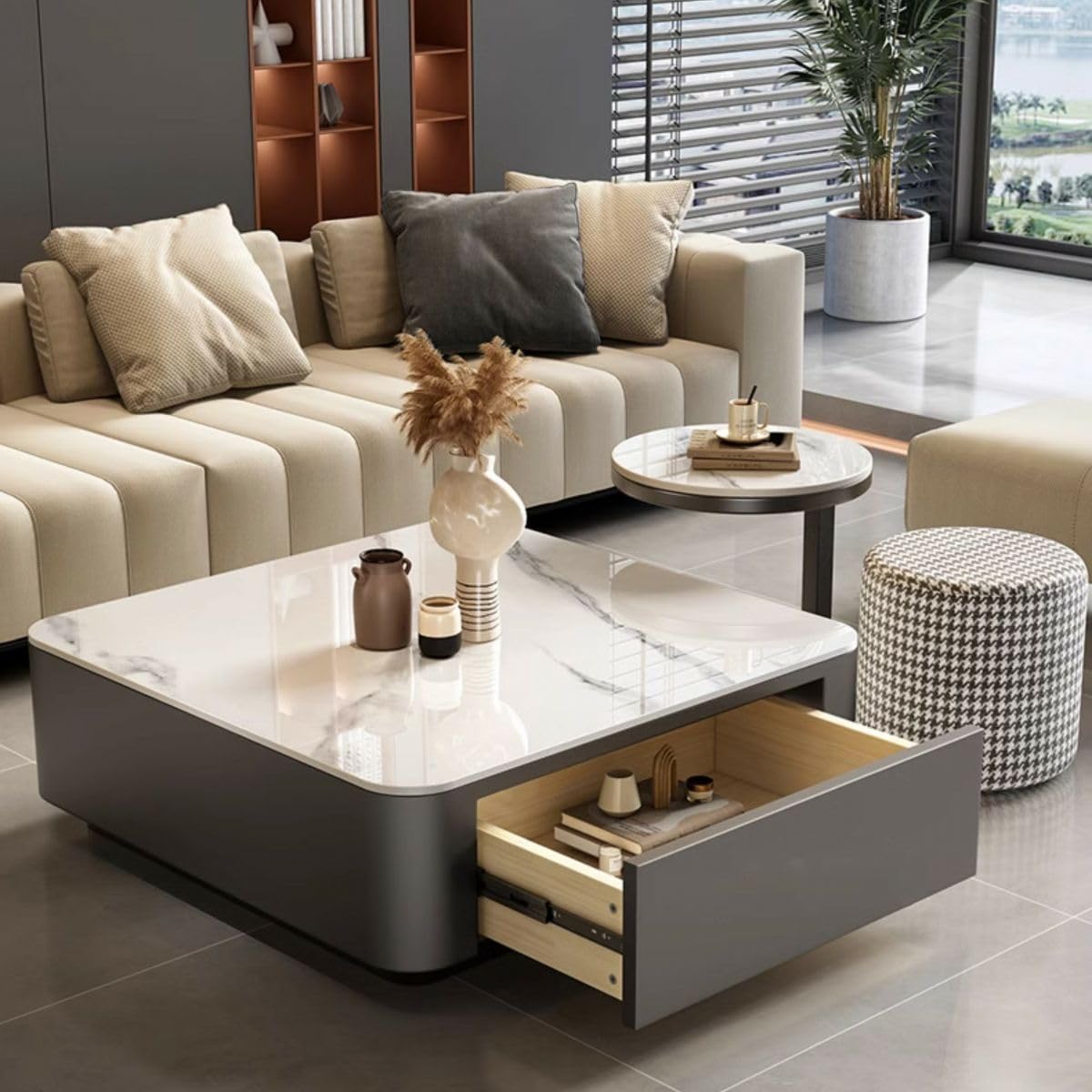 Vandana Interiors Modern Square Stone Top Coffee Table Set with
